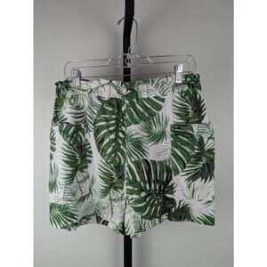 Tahari Tropical Palm Print 100% Linen Pull On Shorts green beige